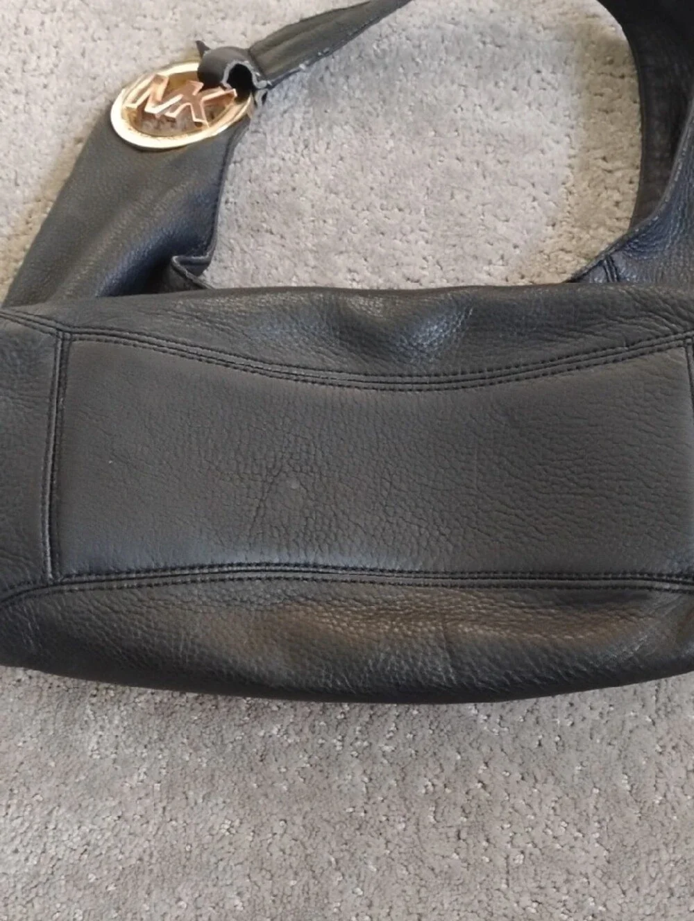 Michael Kors Black Leather Shoulder Hobo with Gold MK Charm
